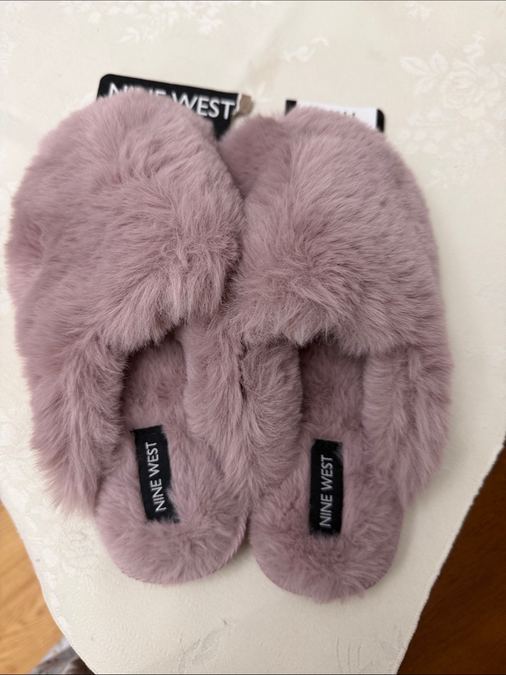 Nine West Mauve Plush Faux Fur Slip-On Slippers